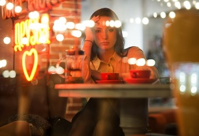 coffee shop, coffee, model, brunette, women, table, window, chair, blouse,  ...