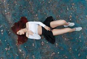 women, top view, redhead, sneakers, black skirts, lying on back, women outdoors, painted nails, socks