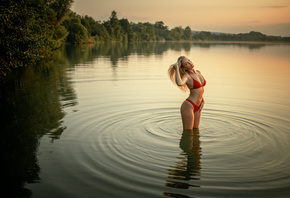 women, blonde, red bikini, water, river, belly, women outdoors, ribs, tatto ...