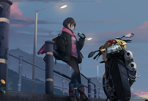 anime girl, motorcycle, ducati, sweatshirt, jacket, shorts, boots, street f ...