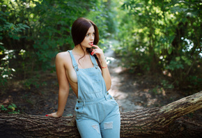 women, overalls, red nails, boobs, no bra, women outdoors, finger on lips,  ...