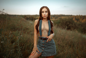 women, suspenders, denim, topless, boobs, women outdoors, pigtails, red nails, belt, jeans skirt, tattoo, strategic covering