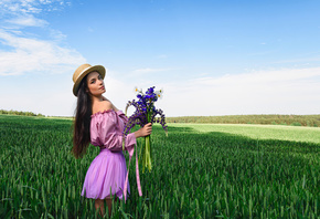 fields, girl, flower, beauty