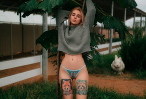 women, blonde, sweater, tattoo, panties, sneakers, plants, belly, hips, women outdoors, black nails, painted nails