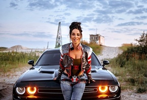 Anna Shakhovskaya, Cyberpunk, Cyberpunk 2077, Panam Palmer, dodge challenger, video games girl, video games, jeans, leather jacket, women outdoors, sky, clouds, biting lip, bodysuit, gloves