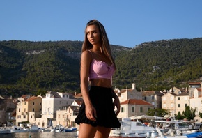 Rachel Cook, women, model, brunette, women outdoors, skirt, black skirt, boat, sea, short tops, Bay