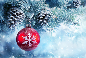 red, and, white, christmas, bauble, with, christmas, tree, snow, decoration, balls
