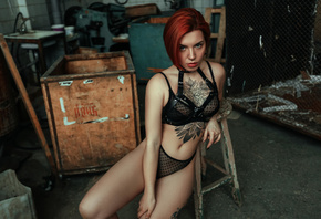 women, redhead, Ilya Dushutin, black lingerie, tattoo, polka dots, belly, women indoors, see-through lingerie, painted nails