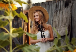Dmitry Arhar, women, blonde, model, women outdoors, white dress, dress, straw hat, hat, Chamomile, flowers, fence