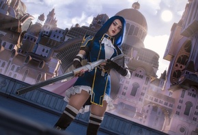 Alin Ma, League of Legends, Caitlyn (League of Legends), PC gaming, fantasy girl, blue hair, video game girls, video games, women, model, cosplay, dress, shotgun, weapon, gloves, boots, blue eyes