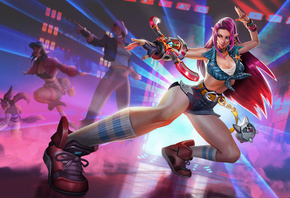 Paladins: Champions of the Realm, video games, digital art, video game girls, knife, women, jean shorts, socks, sneakers, gloves, purple hair, short tops, purple eyes