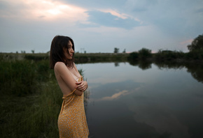 women, river, dress, boobs, water, women outdoors, sky, clouds, arms crosse ...