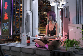 Philip Jones, digital art, character design, women, Asian, T-shirt, jean, jean shorts, 3D, boots, skateboard, sitting, soda, purple hair