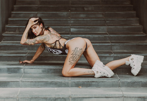 women, stairs, tattoo, ass, one-piece swimsuit, nose ring, kneeling, shoes, painted nails