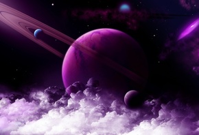 space, purple, planet, galaxy, rings, stars, saturn