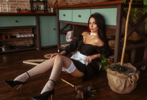 women, maid outfit, wooden floor, high heels, women indoors, Nick Kashuba, sitting, plants, fishnet stockings, rolling pin, red lipstick