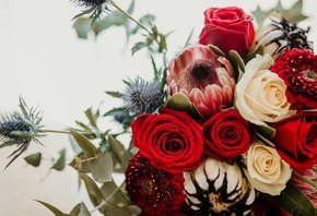winter bridal bouquet, flowers, red roses, floral arrangement,  