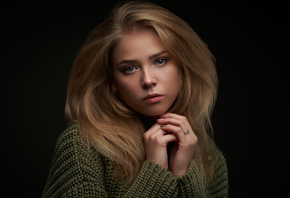 women, blonde, sweater, blue eyes, face, portrait, simple background, black background