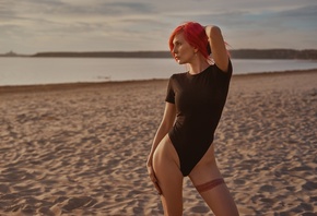 women, bodysuit, sand, redhead, sea, tattoo, hips, looking away, sky, clouds, women outdoors, beach, black nails