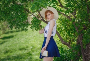 Anastasia Zhilina, redhead, women, model, women outdoors, blue skirt, skirt, blouse, nature, hat, trees