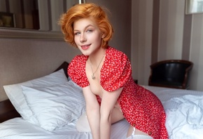 Anastasia Zhilina, women, model, redhead, women indoors, red dress, flower  ...