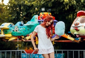 women, model, redhead, women outdoors, theme parks, white dress, dress, cotton candy, trees, smiling