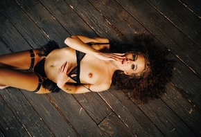 women, black lingerie, wooden floor, women indoors, top view, pierced nippl ...