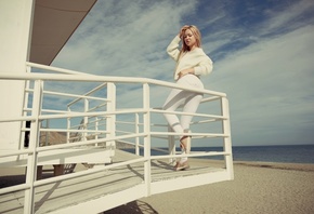 women, model, blonde, women outdoors, beach, sea, sky, clouds, jeans, white ...