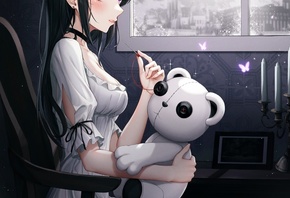 Eichi, women, brunette, window, digital art, anime, anime girls, teddy bear, chair, white dress, dress, purple eyes, sitting