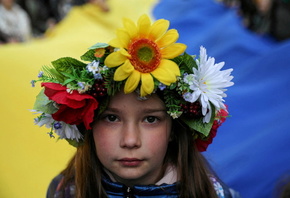 Ukrainian flag, young gir, Krakow, Poland