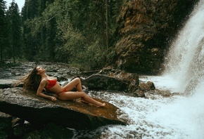 women, red bikini, women outdoors, waterfall, brunette, nature, rocks, trees, forest, belly, ribs, wet body, closed eyes