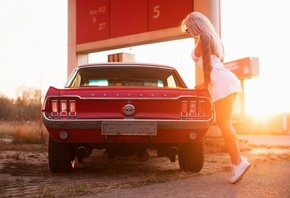 Julia Abrams, women, model, blonde, women outdoors, Ford Mustang, muscle car, red car, classic car, tattoo, white dress, dress, sneakers, women with cars, road, women with glasses, sunglasses