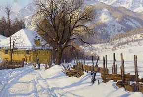 Hans Ranzoni the Elder, Austrian, 1920, Farm in a sunny winter landscape