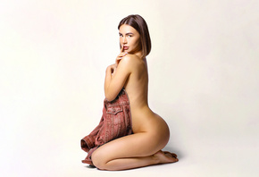 Ilya Baranov, women, model, brunette, women indoors, studio, nude, ass, curvy, hips, denim jacket, kneeling
