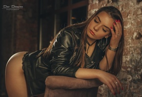 women, model, brunette, women indoors, jacket, hips, leather jacket, ass, couch, window, watch, painted nails, wall