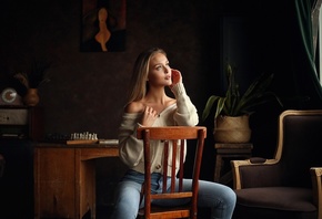 Dmitry Arhar, women, model, blonde, women indoors, chair, sitting, jeans, sweater, couch, chess, desk, plants, hips