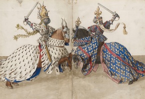 Barthelemy dEyck, circa 1460, two Dukes of Brittany and Bourbon on horseback armed and with crests as if they were at the tourney