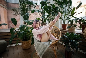 Maksim Chuprin, women, model, brunette, pink hair, women indoors, chair, ass, black panties, panties, hips, plants, ass, pierced nose