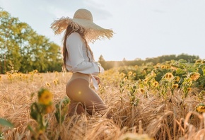 Sergey Freyer, women, brunette, women outdoors, panties, sky, clouds, sunflowers, nature, ass, panties, white shirt, shirt, straw hat, hips