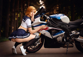 Anastasia Zhilina, sailor uniform, women, redhead, model, ass, white panties, road, BMW S1000RR, women with motorcycles, squatting, hips, motorcycles, trees, knee high socks, sneakers