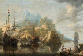 Bonaventura Peeters, Flemish, 1639, A fortified harbour with a Galleon and Galley at anchor