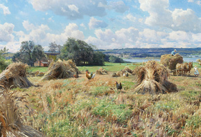 Peder Mork Monsted, Danish, 1934, The wheat is brought in near the vicarage of Tulstrup