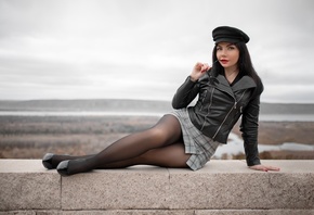 women, model, brunette, women outdoors, pantyhose, black stockings, miniski ...