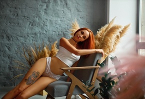 women, redhead, white panties, women indoors, sitting, nose ring, window, belly, tattoo, hips, chair, plants