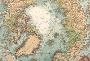 colored antique map, 1911, North Pole, Arctic Ocean