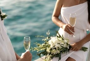 champagne, crystalline lagoon, Maldivian sunset, loved-up couples