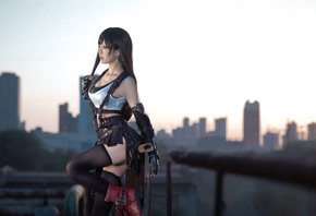 Tifa Lockhart, Final Fantasy, Final Fantasy VII: Remake, Final Fantasy VII, model, brunette, women, cosplay, Asian, women outdoors, gloves, miniskirt, video game girls, video games, short tops, red eyes, Video Games Clothes, boots, red boots, white pantie