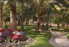 Peder Mork Monsted, Danish, 1907, A park with palms and flowers in Menton