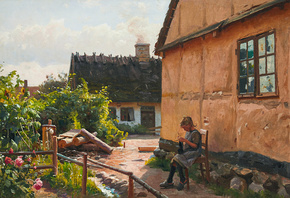 Peder Mork Monsted, Danish, 1914, A knitting girl outside a house on a sunny day