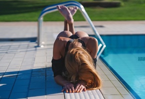 Sergey Minin, women, model, brunette, redhead, women outdoors, swimwear, one-piece swimsuit, swimming pool, ass, grass